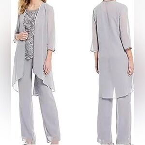NWT Lan Ting Bride Elegant Lace Jeweled Chiffon Gray Three-Piece Pantsuit Sz 22W